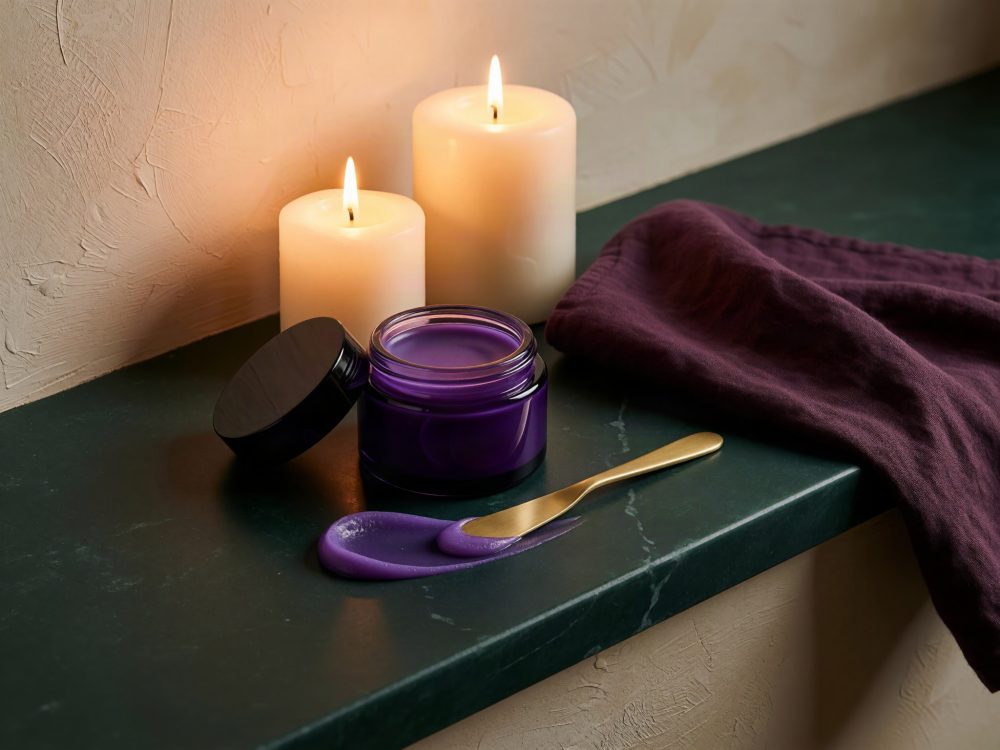 Frasco aberto de creme roxo com velas acesas e tecido roxo sobre bancada verde escura
