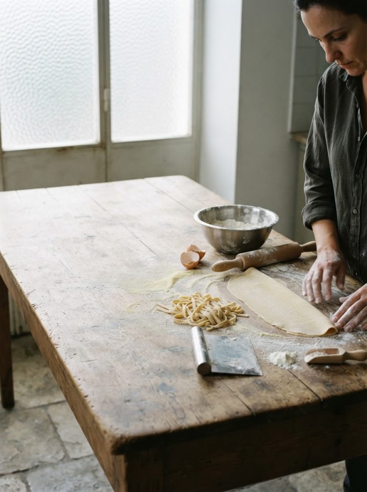 Pessoa enrola massa fresca numa mesa antiga com farinha e utensílios de cozinha