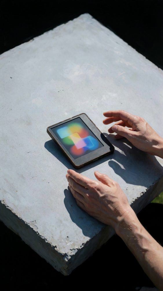 Tablet com ecrã colorido sobre superfície de cimento com mãos próximas