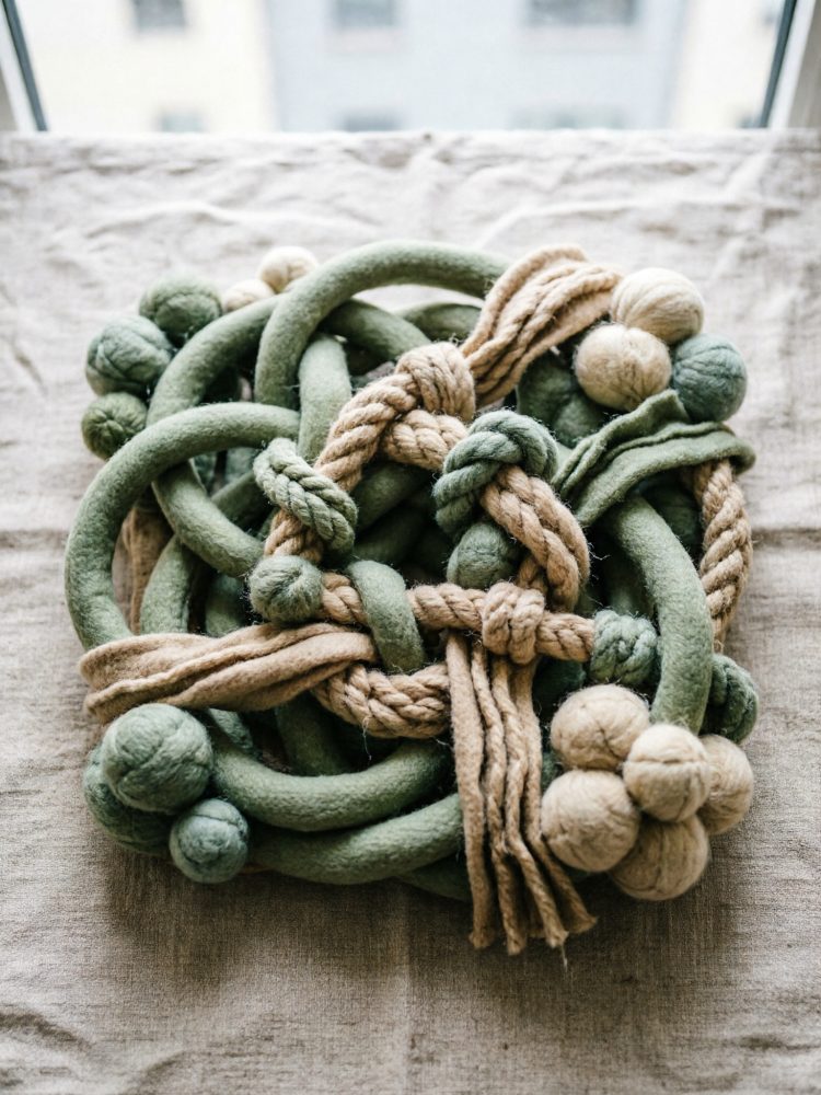 Cordas entrelaçadas verdes e bege com bolas de feltro sobre tecido cinza