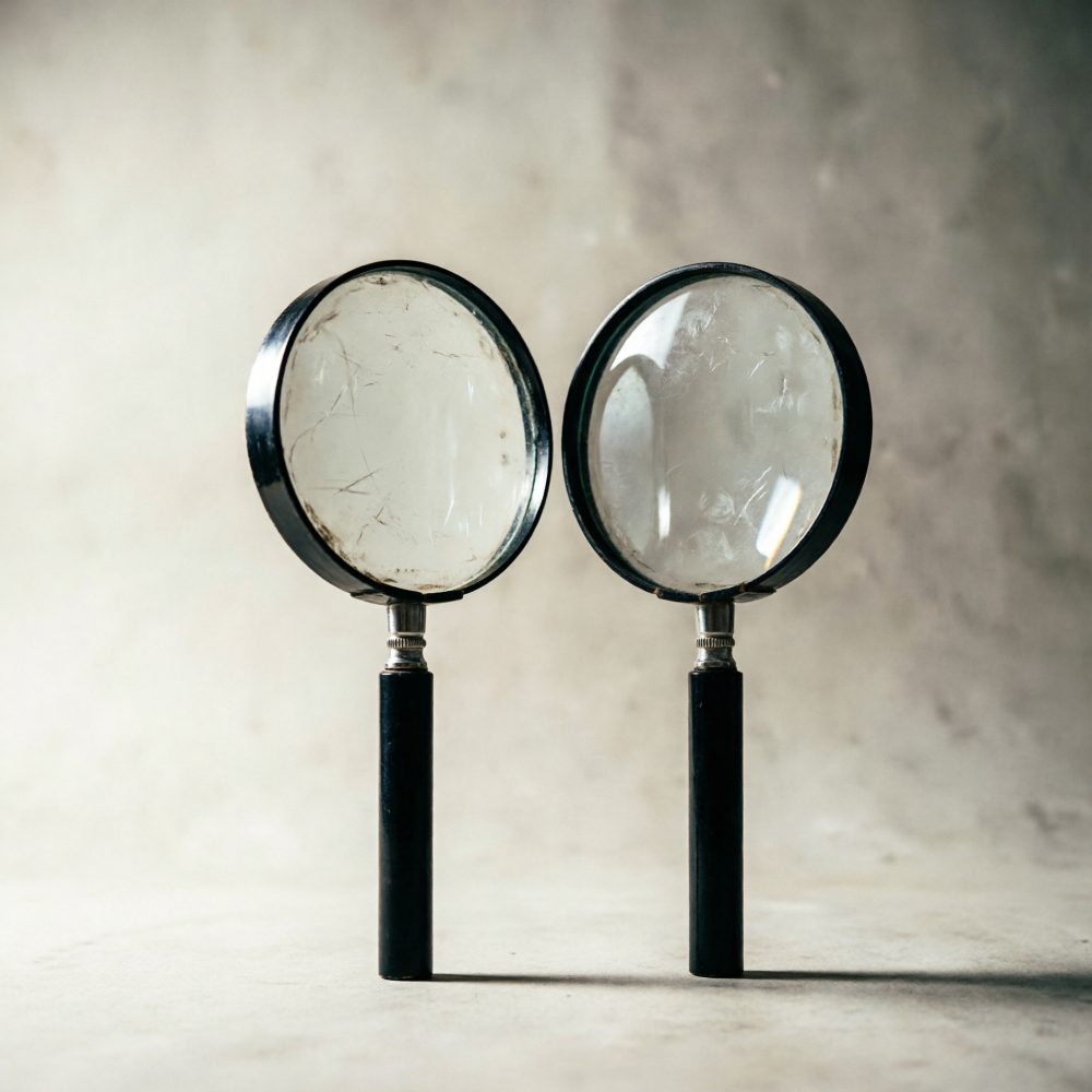 Duas lupas antigas com lentes marcadas e cabos pretos, sobre fundo neutro