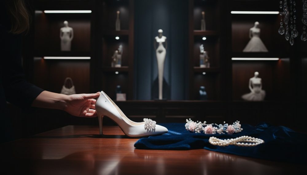 Mão segurando sapato de noiva branco ao lado de coroa de flores e colar de pérolas sobre mesa de madeira