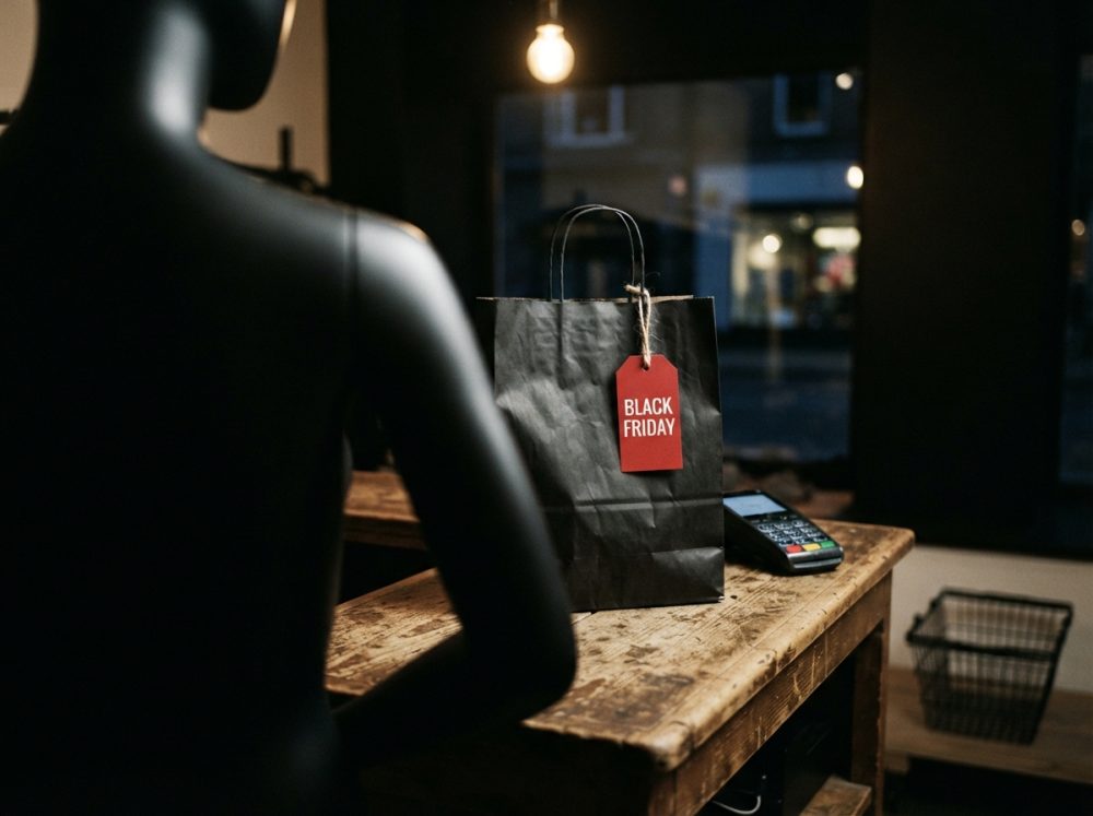 Saco preto com etiqueta vermelha Black Friday no balcão de loja com manequim negro e terminal de pagamento