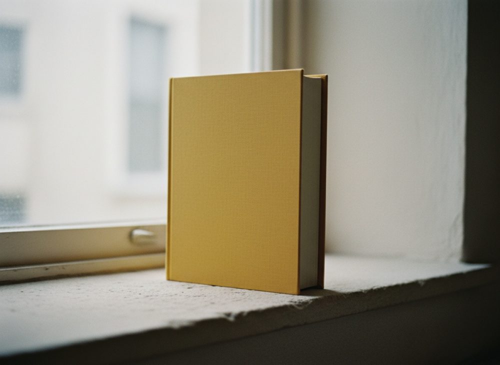 Livro de capa amarela em pé sobre parapeito de janela branca com luz natural