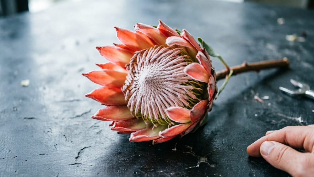 Flor protea coral deitada numa superfície escura com mão ao lado