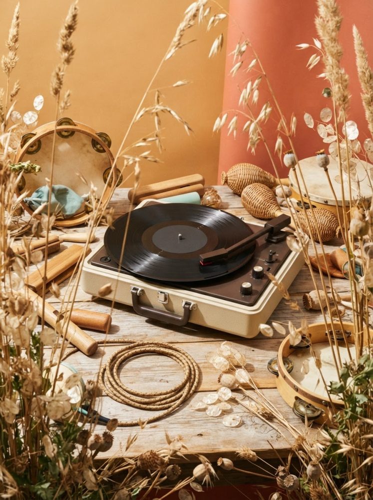 Toca-discos vintage e instrumentos tradicionais sobre mesa rústica com plantas secas ao redor