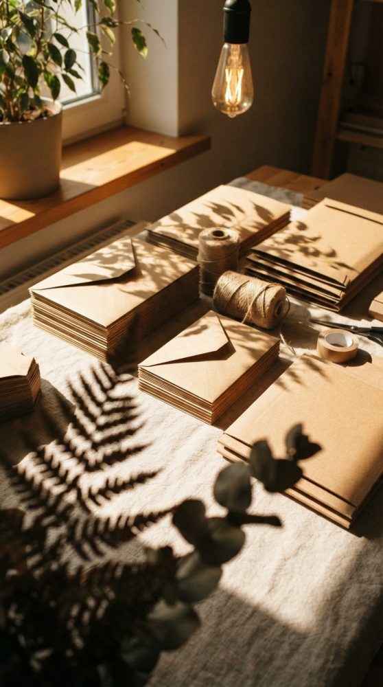Mesa com envelopes kraft, cordas de embrulho e fita cola sob luz quente natural