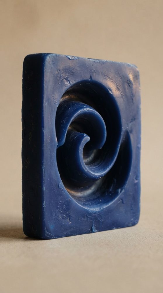 Escultura azul abstrata quadrada com relevo espiral em fundo bege