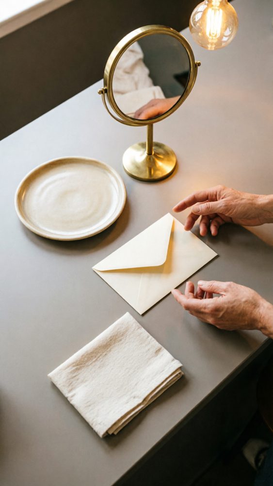 Mesa cinza com espelho dourado, prato, envelope e pano com mãos próximas