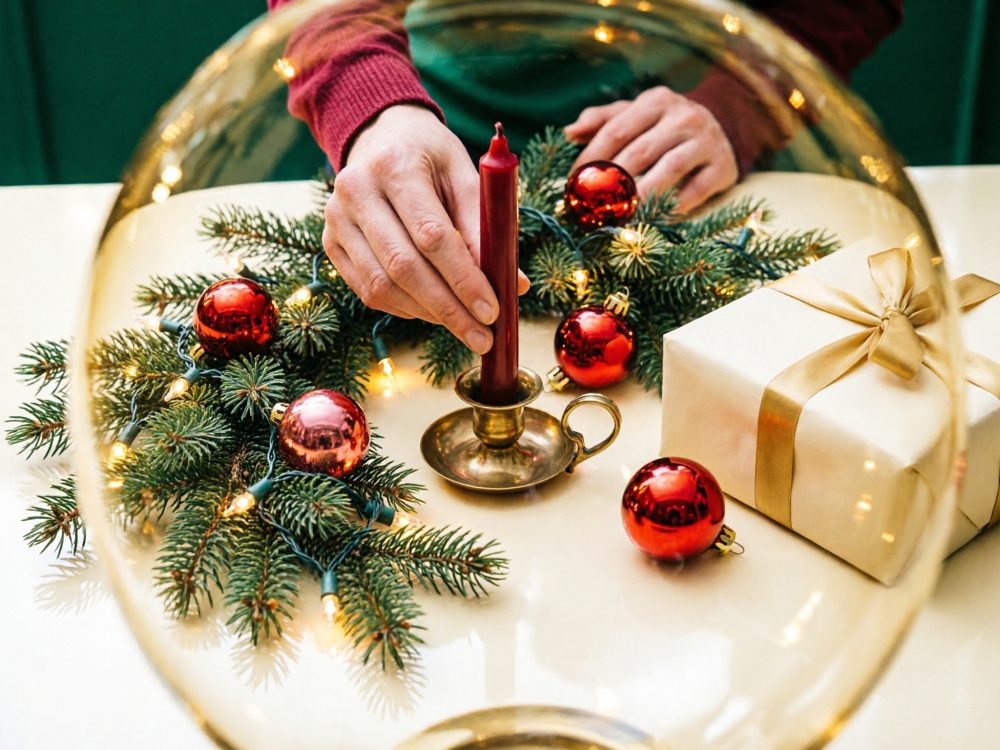 Mãos a colocar vela vermelha em castiçal com decoração de pinheiro e bolas vermelhas ao lado de presente com laço dourado
