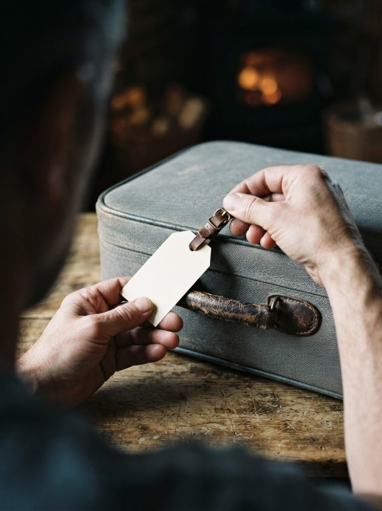 Mala de viagem cinza vintage com etiqueta segurada por mãos em mesa de madeira rústica