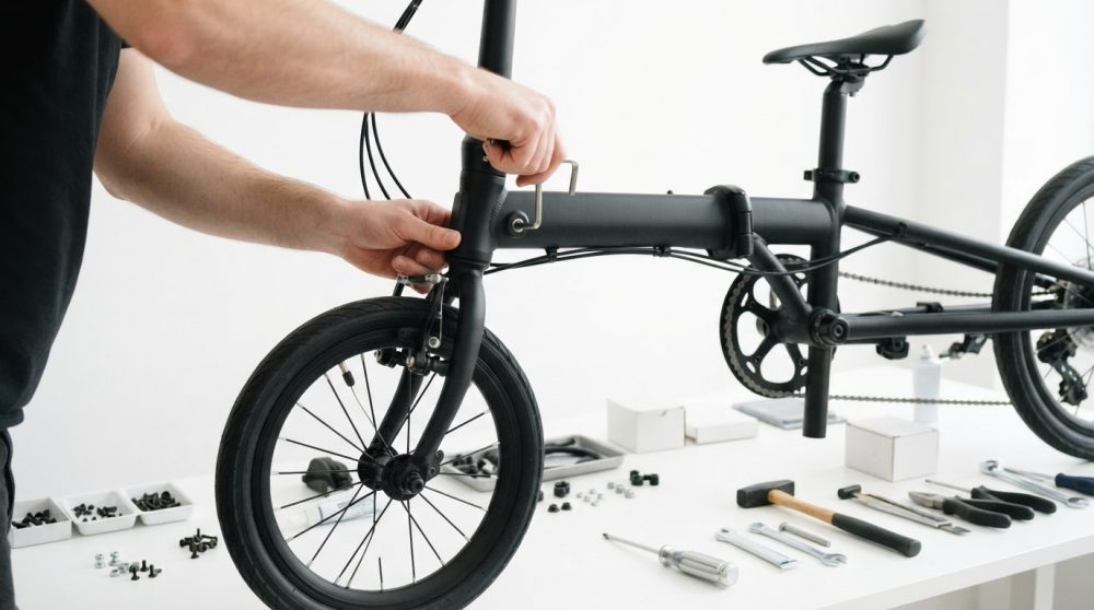 Mãos a ajustar o guiador de bicicleta dobrável preta numa bancada com ferramentas
