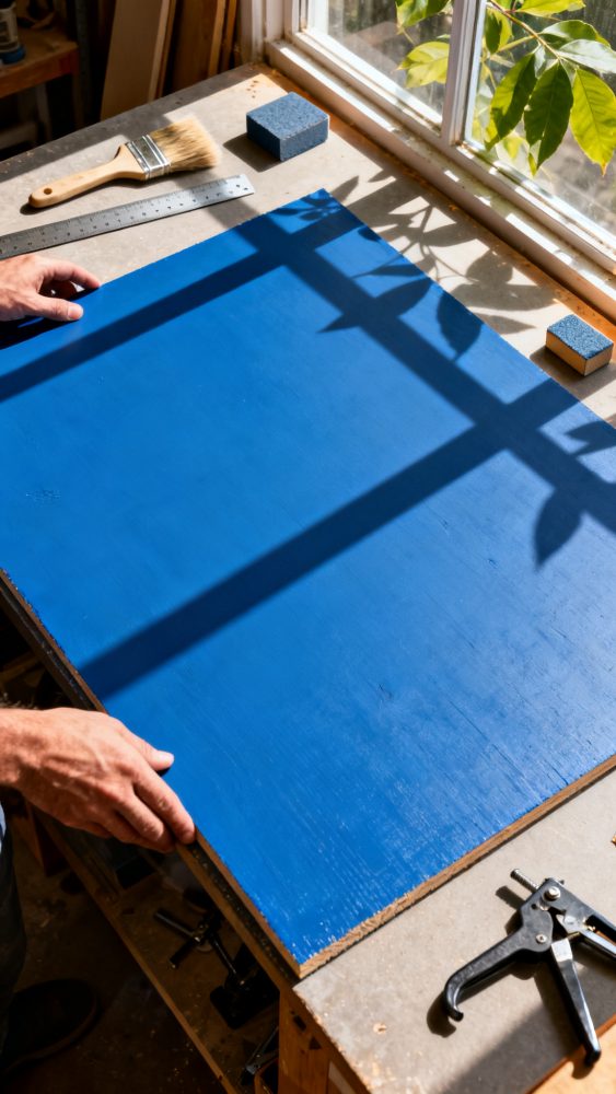 Superfície azul pintada numa bancada de trabalho com ferramentas e sombras de plantas pela luz da janela