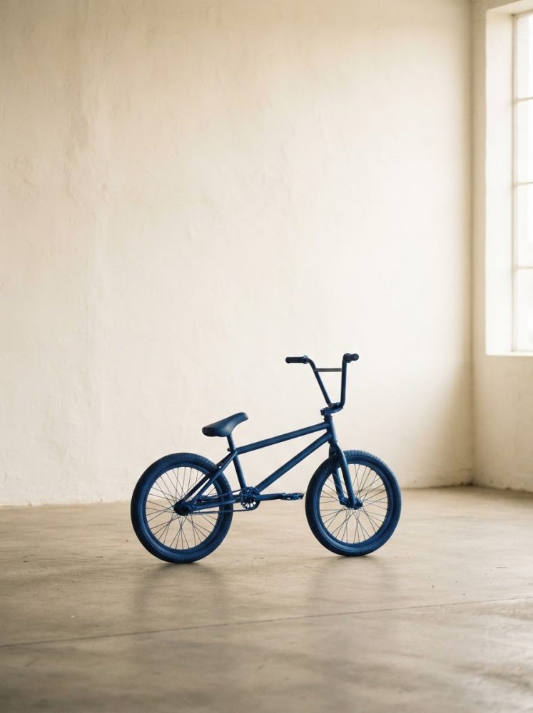 Bicicleta BMX azul numa sala iluminada com chão e paredes claras