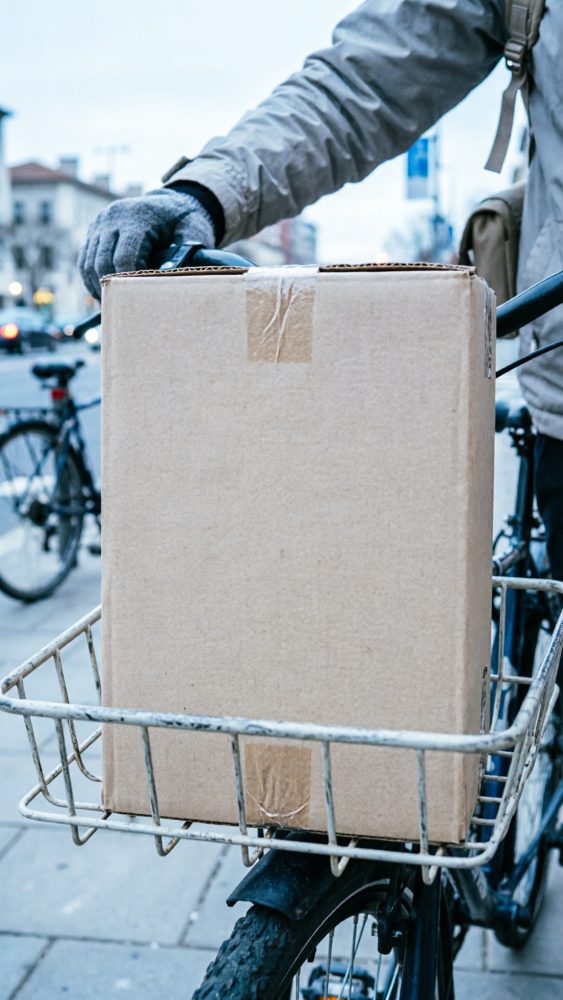 Bicicleta urbana com caixa de papelão no cesto frontal e mão com luva segurando o guiador