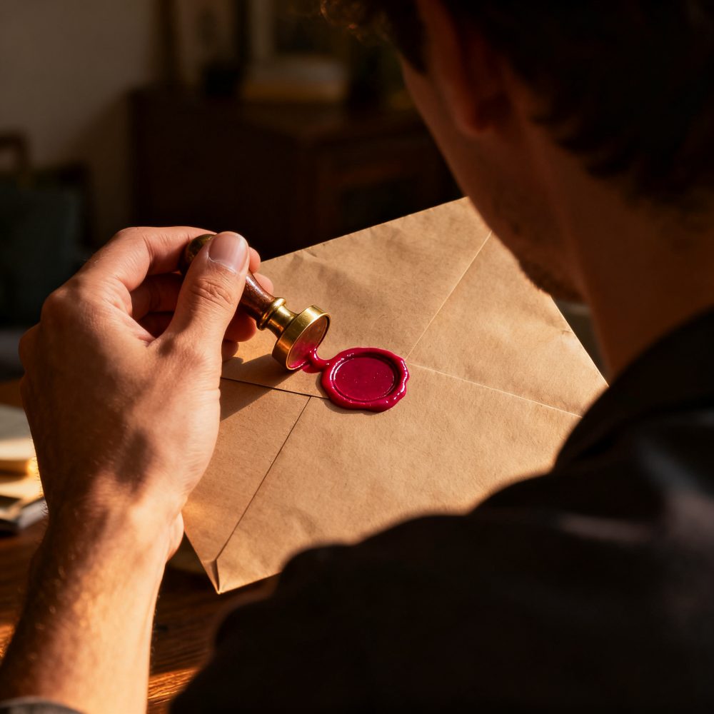 Mão a aplicar selo de cera vermelho num envelope de papel kraft