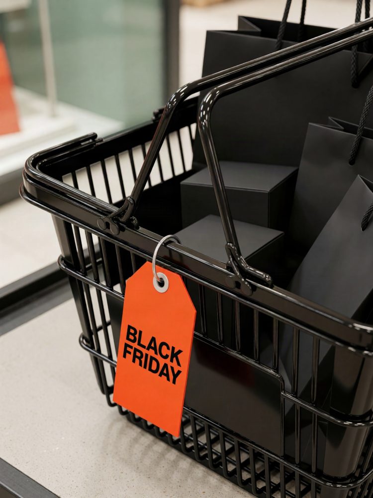Cesto preto com sacos e caixas pretas e etiqueta vermelha com texto Black Friday