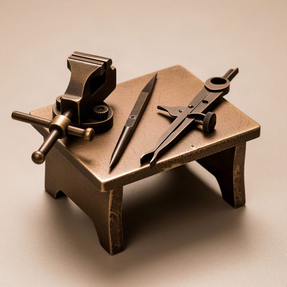 Miniaturas em metal de torno, lima e compasso vintage sobre mesa pequena de metal