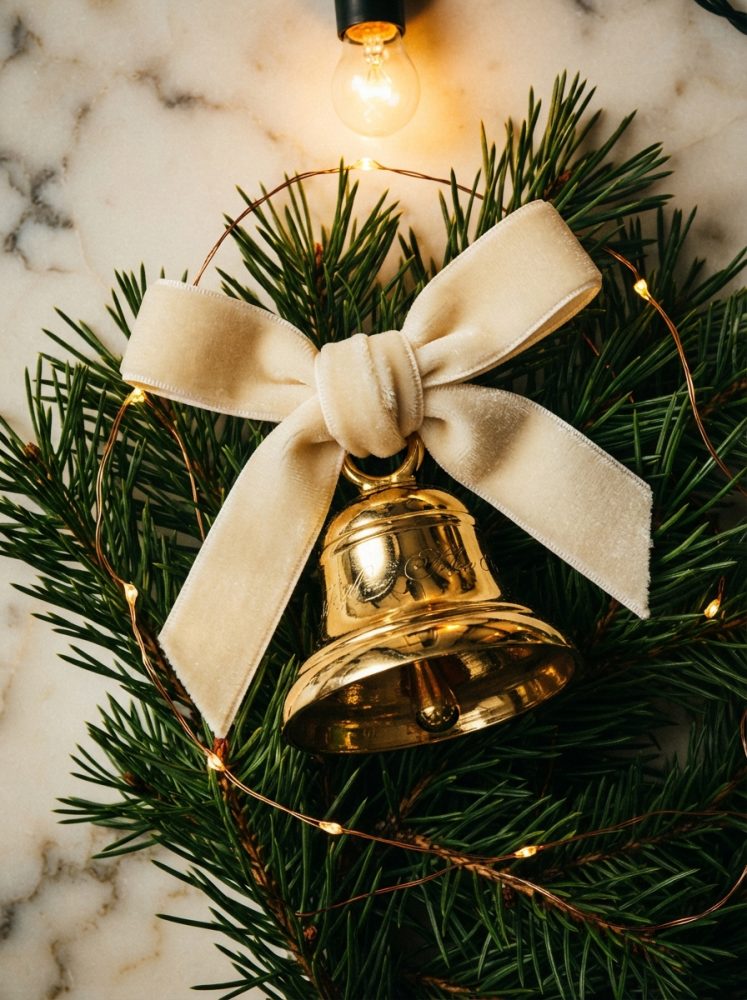 Sino dourado com laço branco sobre pinheiro e luzes decorativas quentes