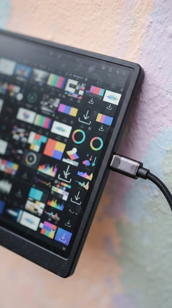 Detalhe de ecrã digital com gráficos coloridos e cabo USB ligado a fundo pastel