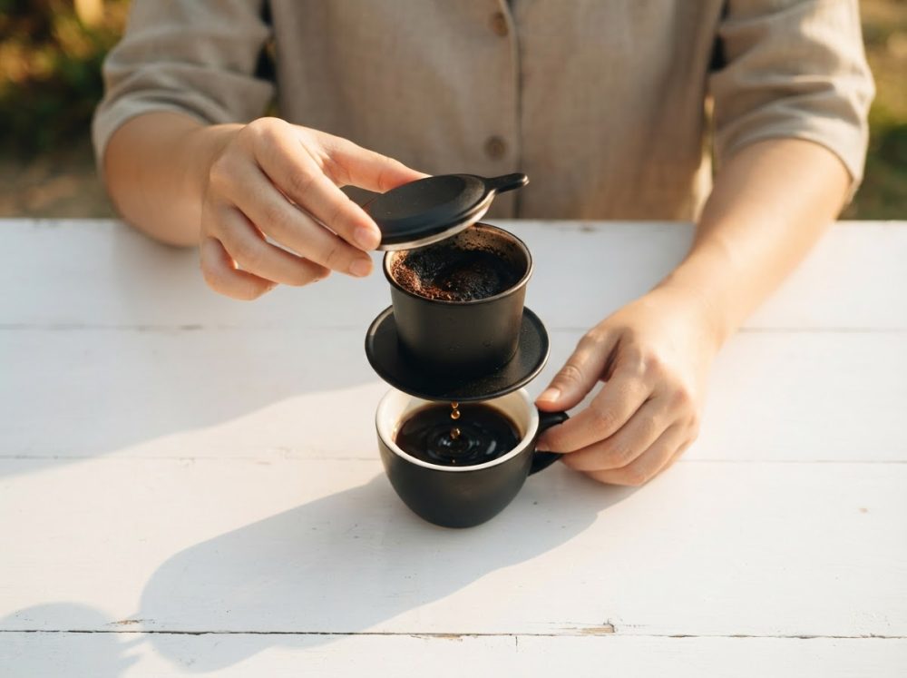 Pessoa a fazer café com filtro e caneca preta numa mesa branca sob luz natural