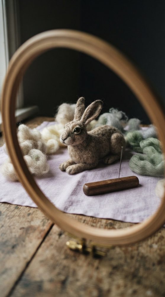 Coelho feito em lã cardada com ferramenta de feltragem e fios de lã colorida sobre tecido lilás em mesa de madeira