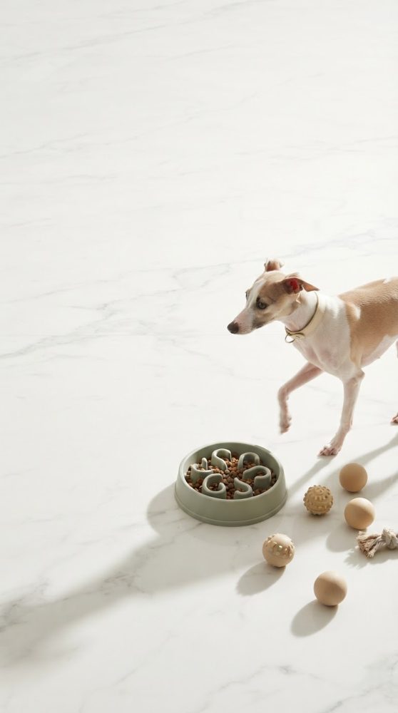 Cão branco e castanho ao lado de comedouro verde e brinquedos sobre chão branco com textura de mármore