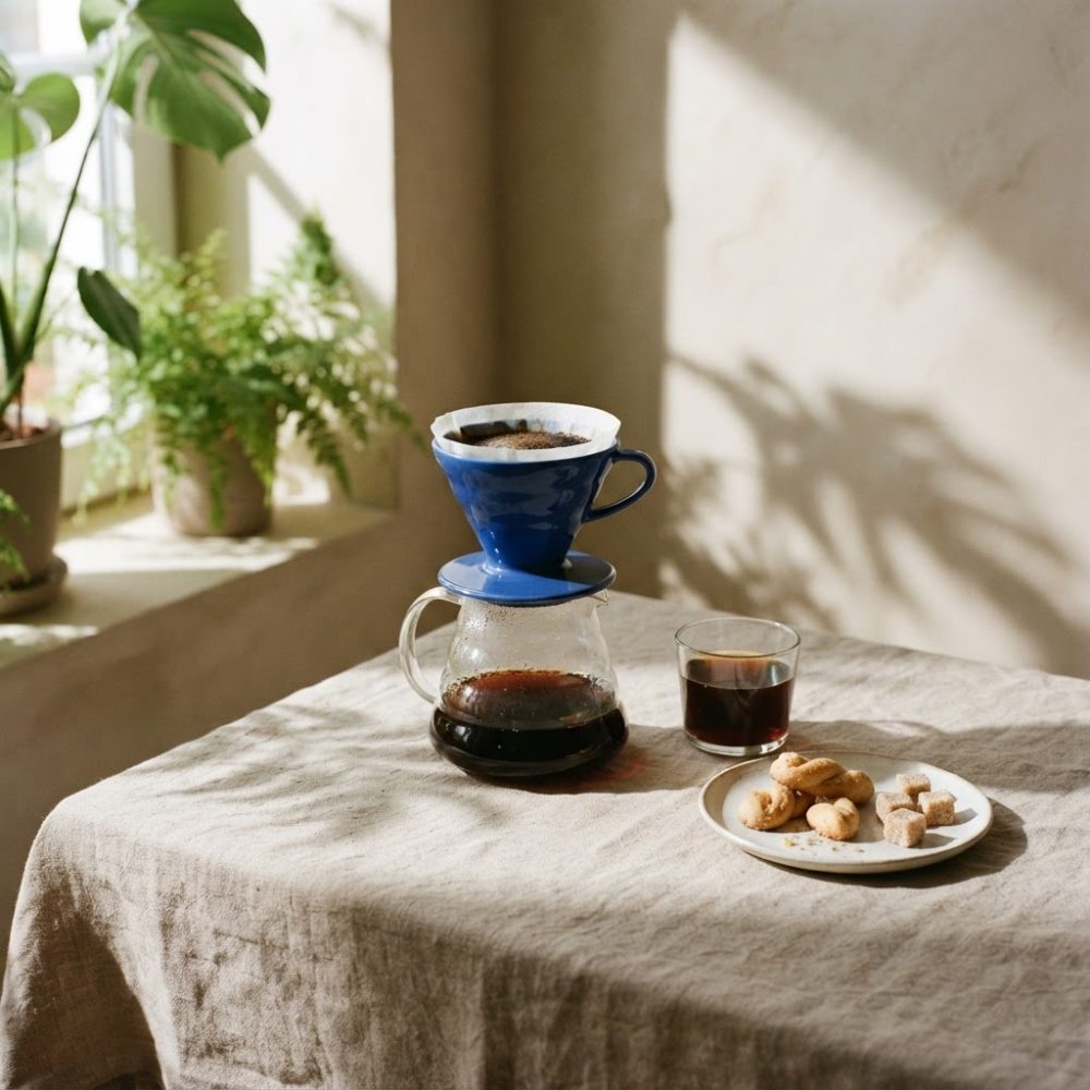 Filtro de café azul, jarra de vidro, chávena com café, biscoitos e plantas junto à janela