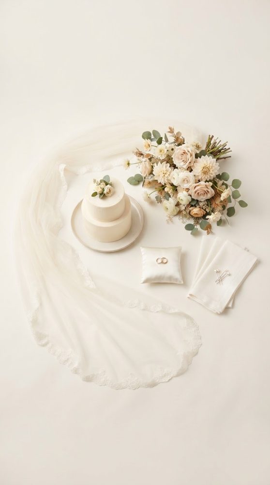 Bolo de casamento branco, bouquet, véu, almofada com alianças e lenços com alfinetes num fundo claro