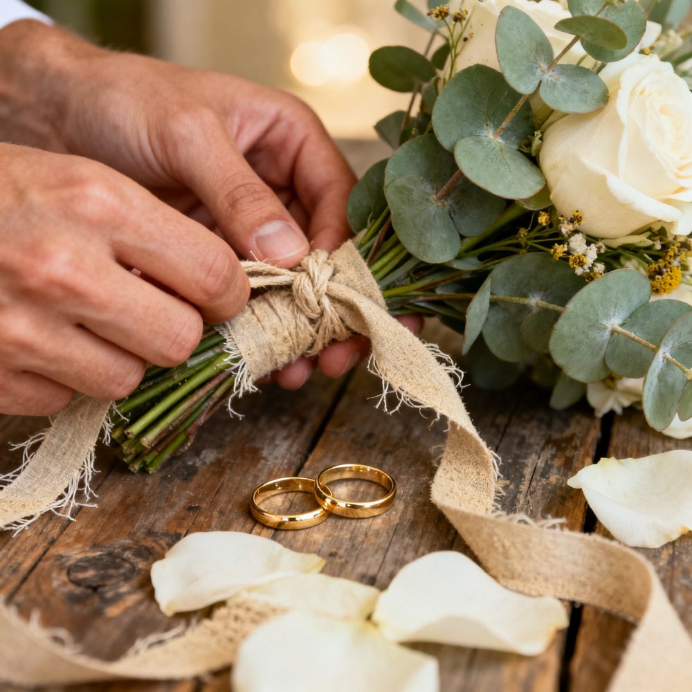 Mãos a amarrar fita rústica num bouquet de rosas brancas com alianças douradas sobre mesa de madeira