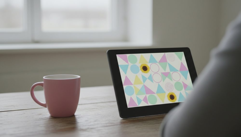 Tablet com ecrã colorido e chávena rosa sobre mesa de madeira perto de janela