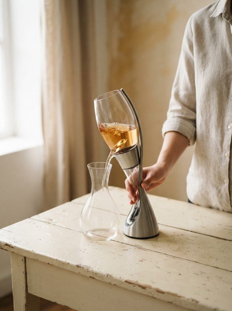 Pessoa a servir vinho rosé de decantador moderno em inox para jarro de vidro numa mesa rústica