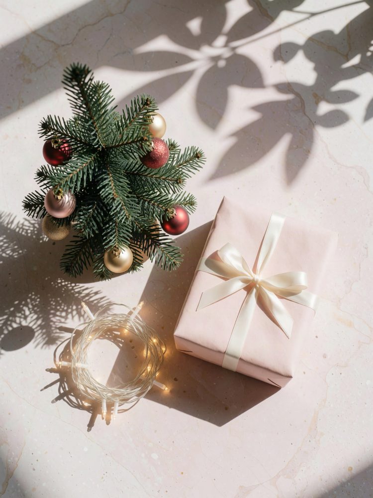 Mini árvore de Natal com bolas coloridas, presente rosa com laço branco e luzes LED sobre superfície clara
