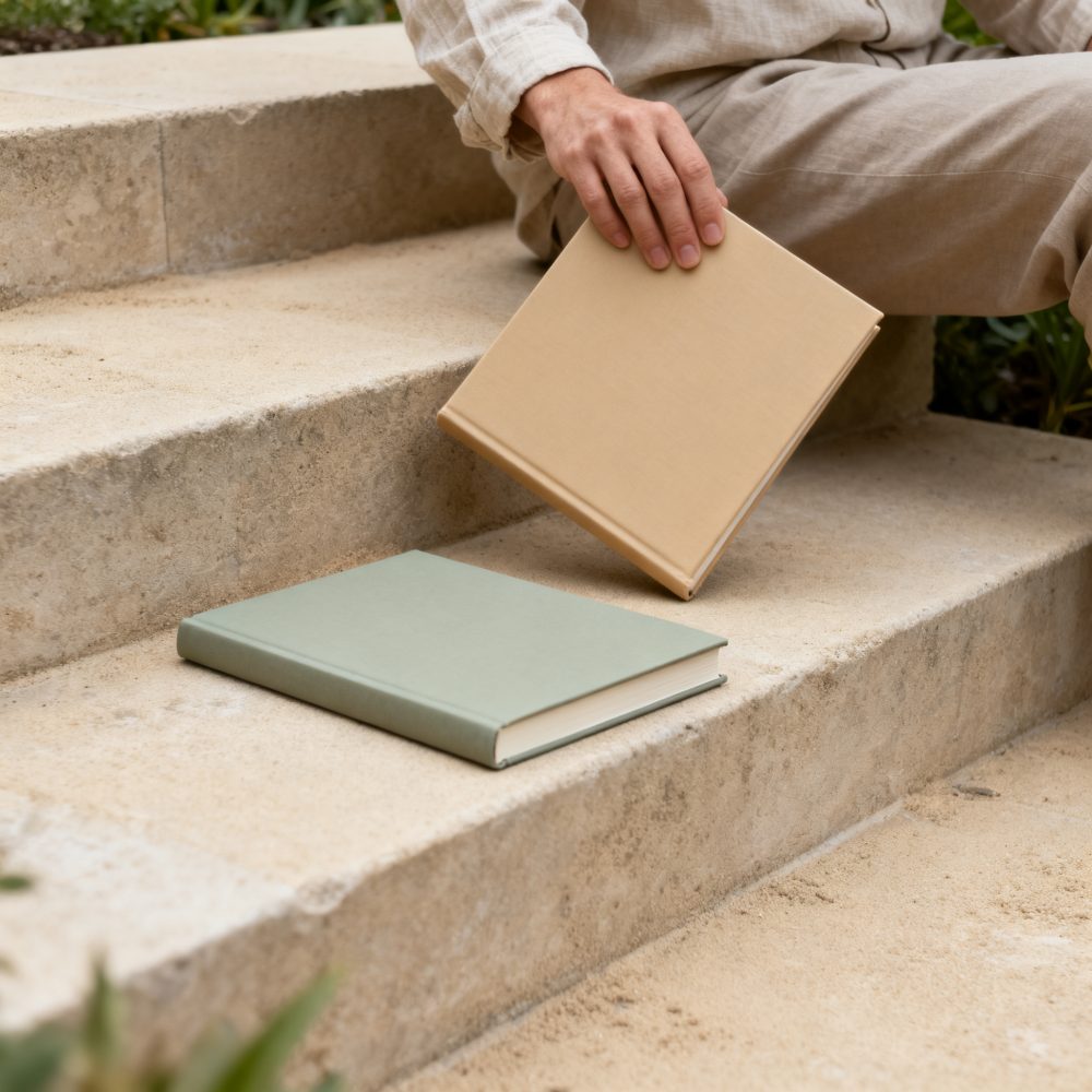 Pessoa segurando livro bege sentada em escada de pedra ao lado de livro verde