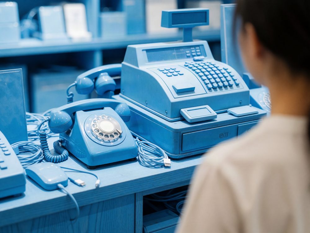 Telefone de disco e caixa registadora antiga pintados de azul sobre mesa azul com cabos enrolados
