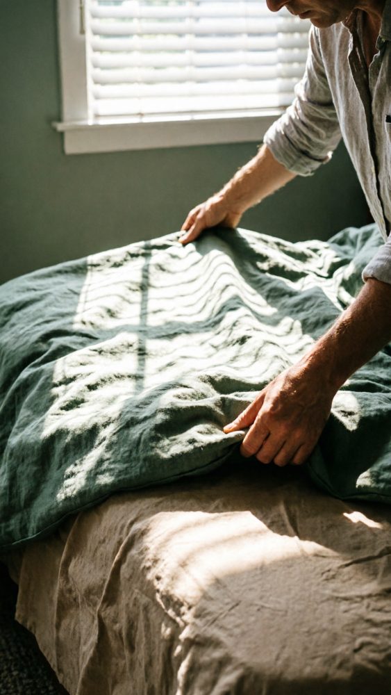 Mãos de uma pessoa a arrumar um edredão verde numa cama iluminada pela luz natural junto a uma janela com persianas