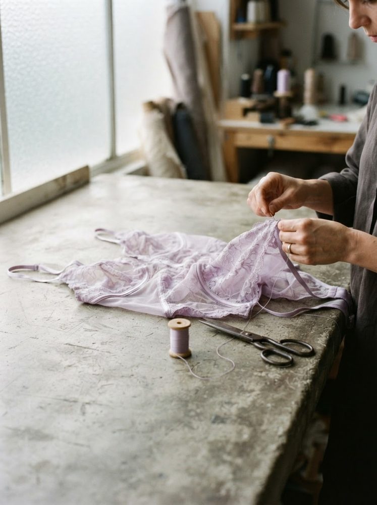 Conjunto lilás de lingerie em renda na mesa com mãos a costurar e agulha
