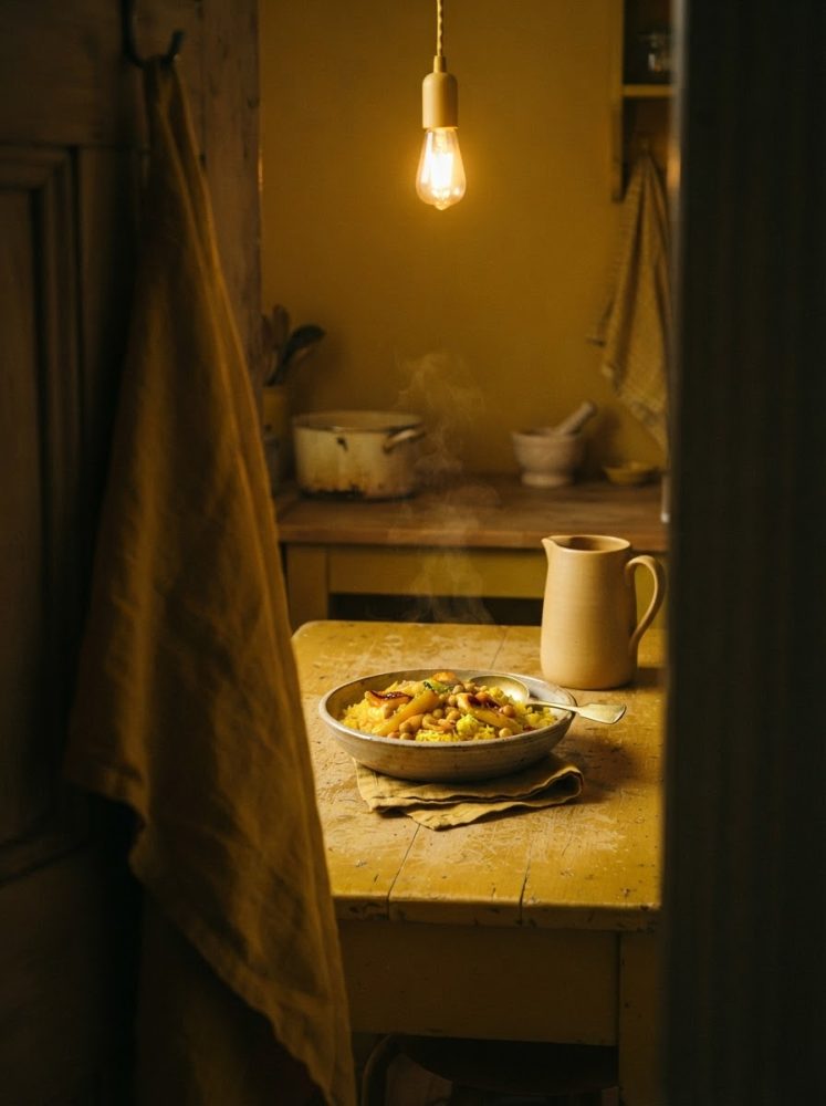 Prato fumegante com comida numa mesa pequena de madeira antiga sob luz amarelada
