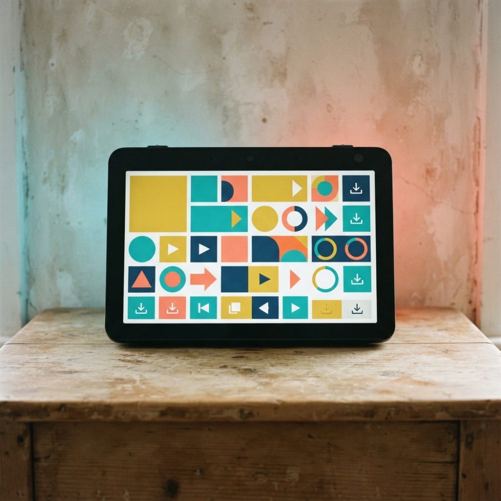 Tablet com ícones digitais coloridos numa mesa de madeira rústica contra parede envelhecida