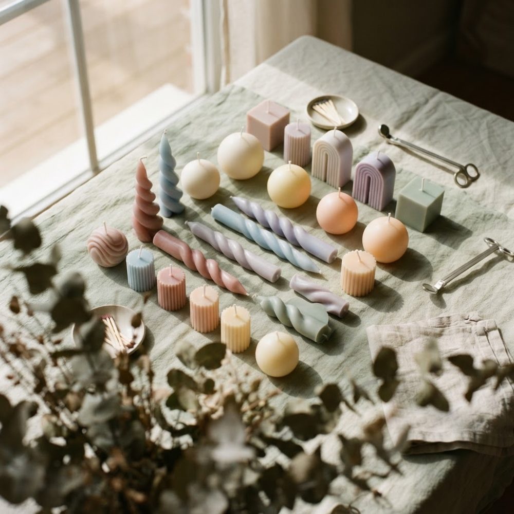 Velas decorativas em várias formas e cores pastel dispostas sobre uma mesa com luz natural suave