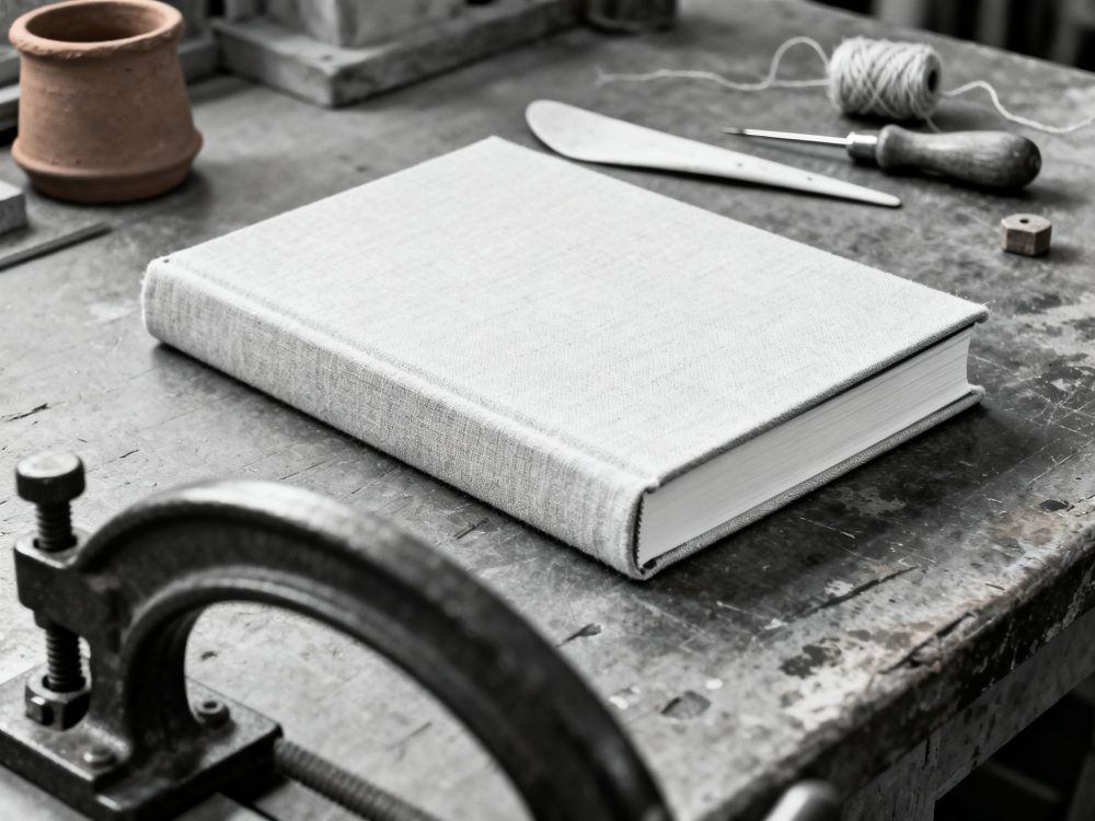 Livro com capa branca sobre mesa de madeira com ferramentas antigas ao redor
