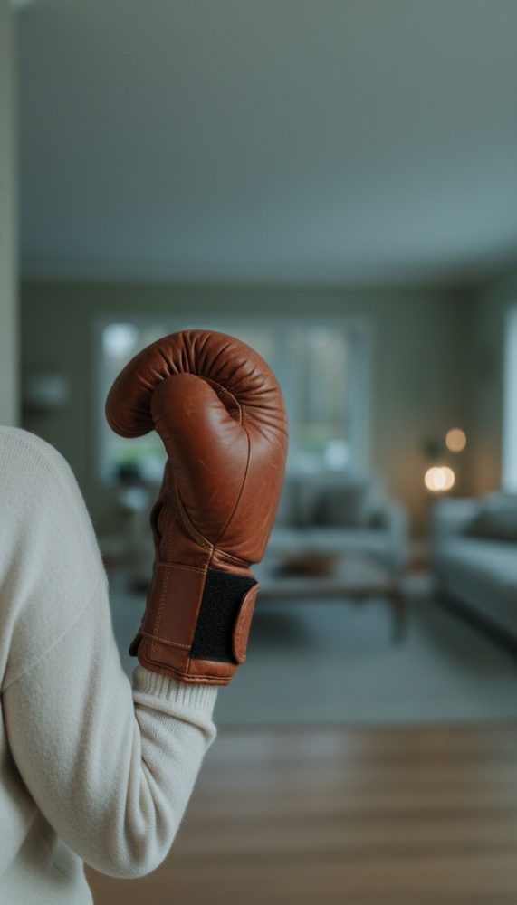 Braço com luva de boxe castanha em interior moderno e desfocado ao fundo