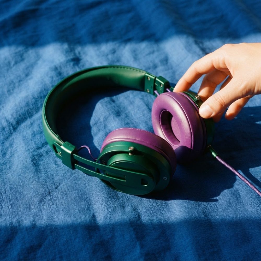 Auriculares verdes e roxos sobre tecido azul com mão a ajustar um auricular