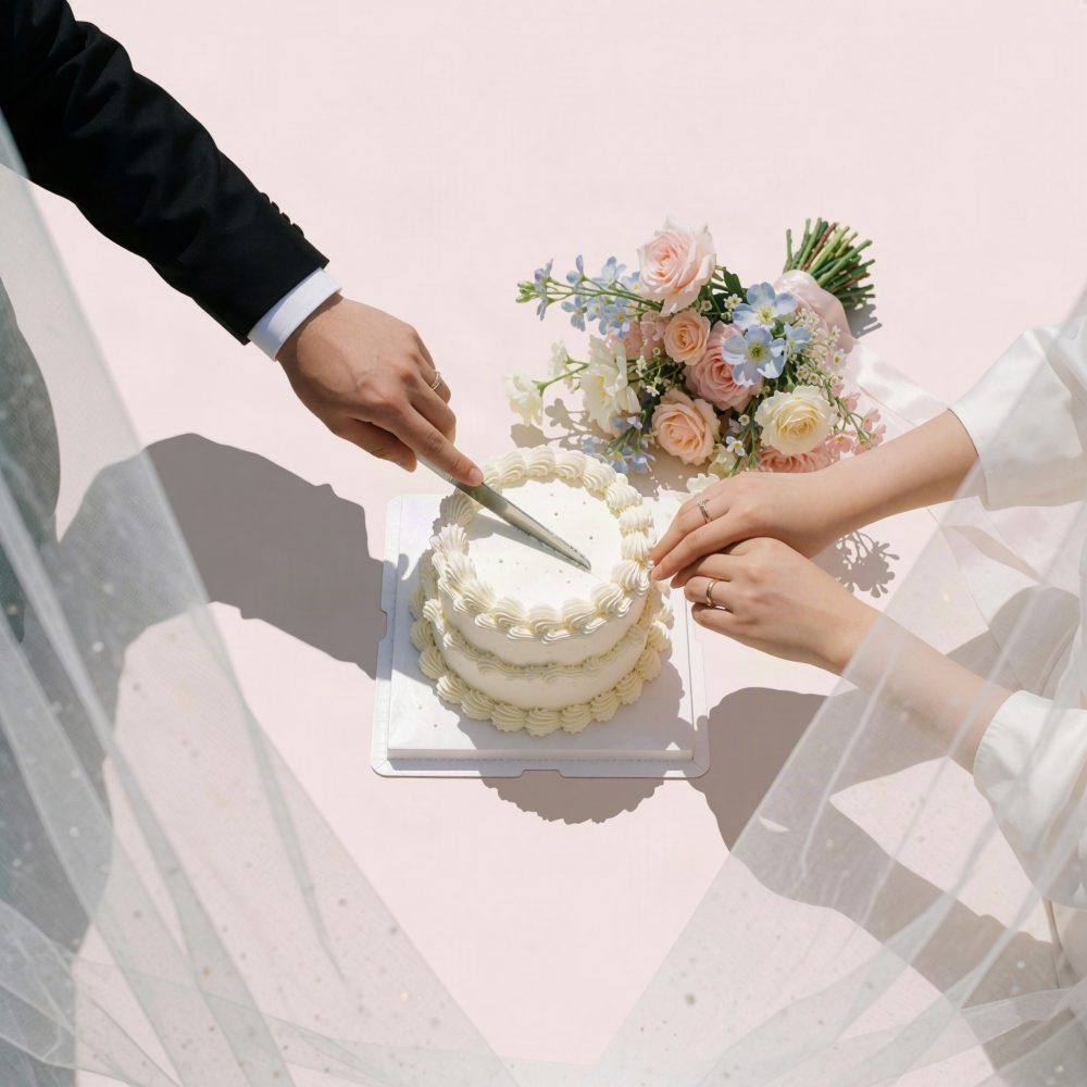 Mãos de noivo e noiva a cortar bolo branco de casamento com bouquet de flores ao lado