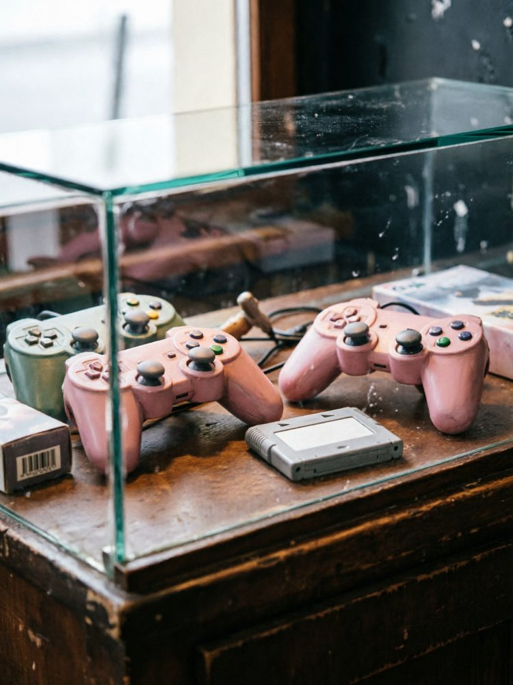 Dois comandos de videojogo rosas vintage e um cartucho cinzento numa mesa de madeira sob uma caixa de vidro