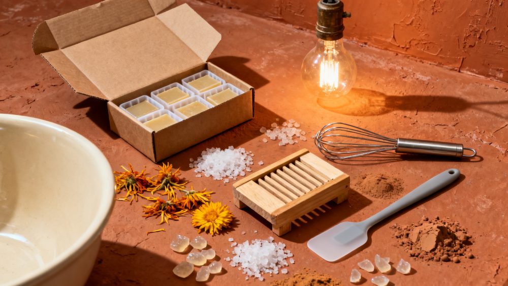Kit de saboaria artesanal com sabonetes, moldes, flores, sais e utensílios numa bancada vermelha