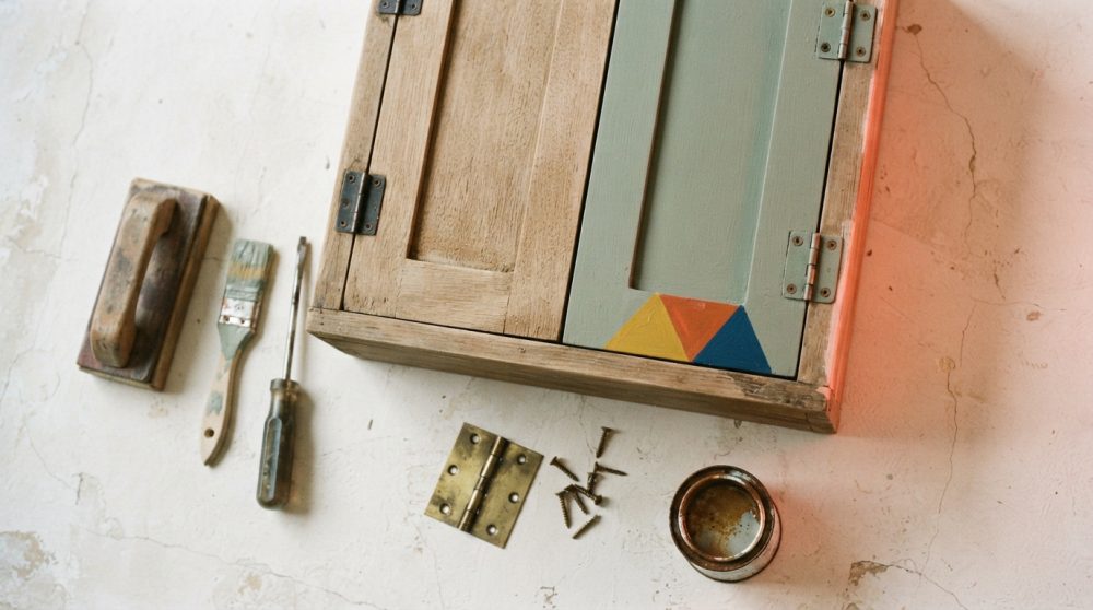 Ferramentas e armário rústico com pintura colorida para bricolage sobre parede envelhecida