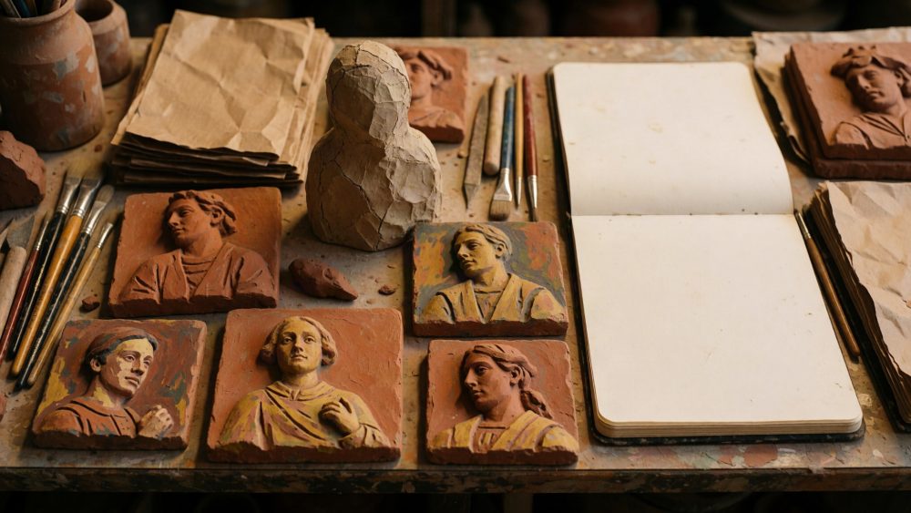 Mesa de trabalho com relevos em barro de faces humanas, pincéis e caderno de desenho aberto