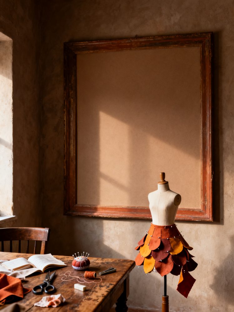 Manequim com saia de tecido em tons quentes em atelier vintage de costura com mesa e ferramentas