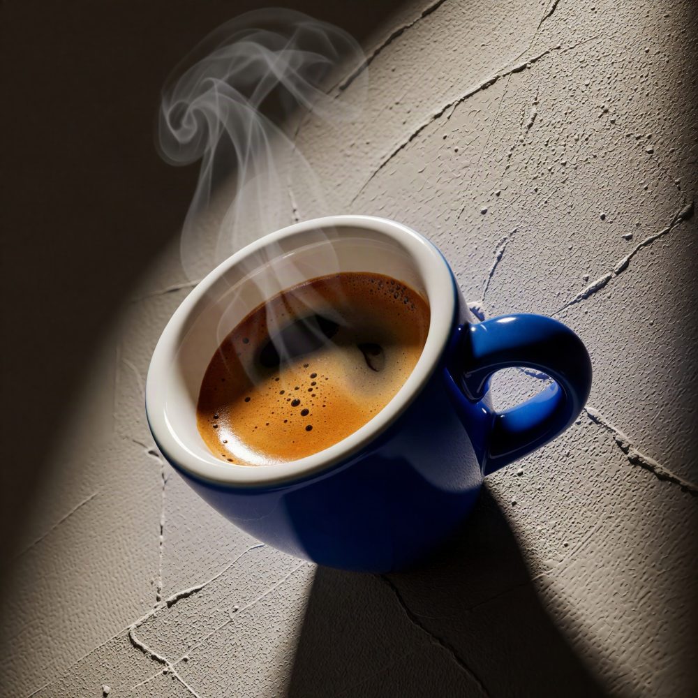 Chávena azul com café espresso quente e vapor a subir sobre superfície texturada